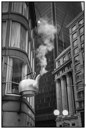 Steaming Water Kettle Sign :: Black and white urban photography - Artwork © Michel Godts