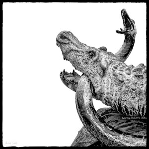 Weathered Bronze—The Crocodile And The Serpent #1 :: Black and white photograph of public art - Artwork © Michel Godts