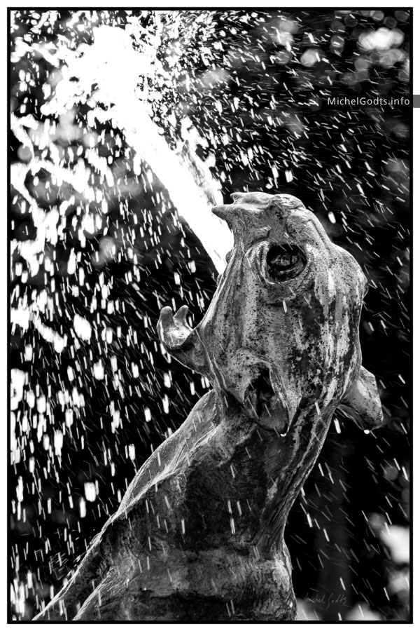Chimère Cracheuse :: Black and white photograph of public art - Artwork © Michel Godts