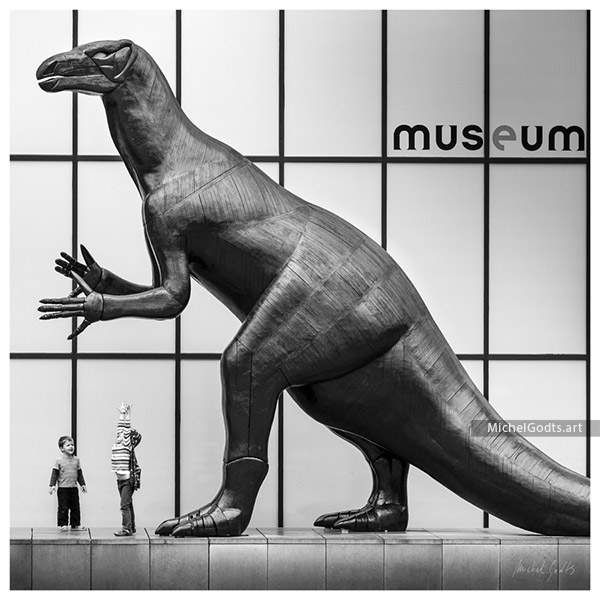 Dinosaur Play :: Black and white photograph of public art - Artwork © Michel Godts