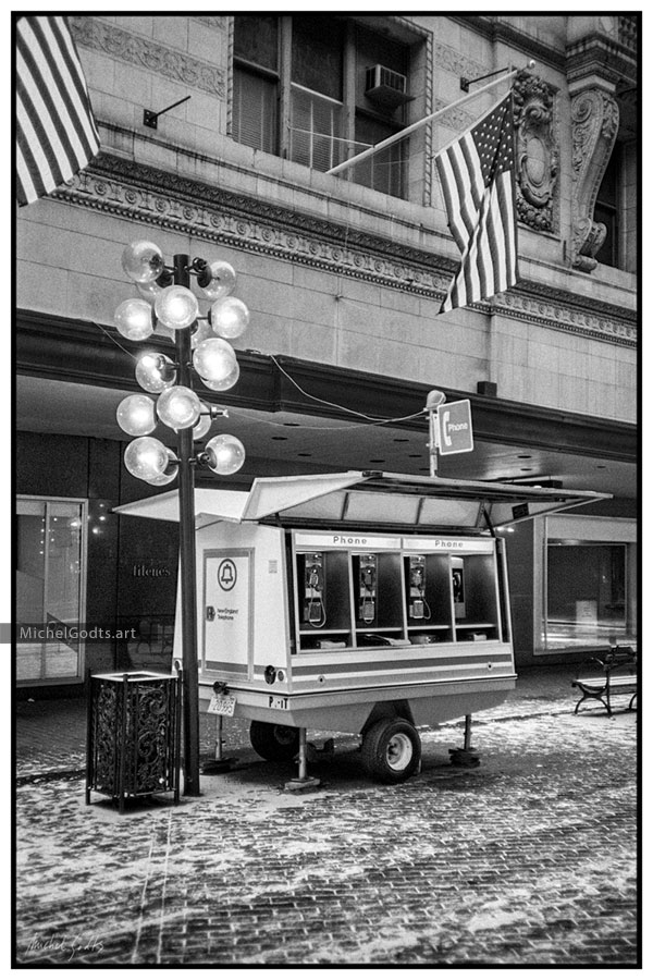 Phone Booths on Trailer :: Black and white urban photography - Artwork © Michel Godts